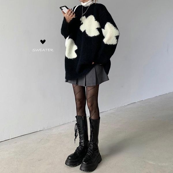 

women's sweaters sweet white cloud printing sweater women loose o neck long sleeve casual knit korean style oversize pullover pull fem, White;black