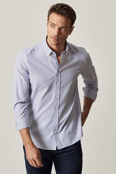 

men's shirt blue striped buttoned collar tailored slim fit dress shirts, White;black