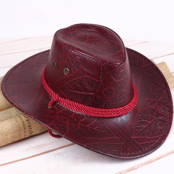 

cloches 2021 classical western cowboy hat for men women pu leather wide brim outdoor jazz sunhat adjustable, Blue;gray
