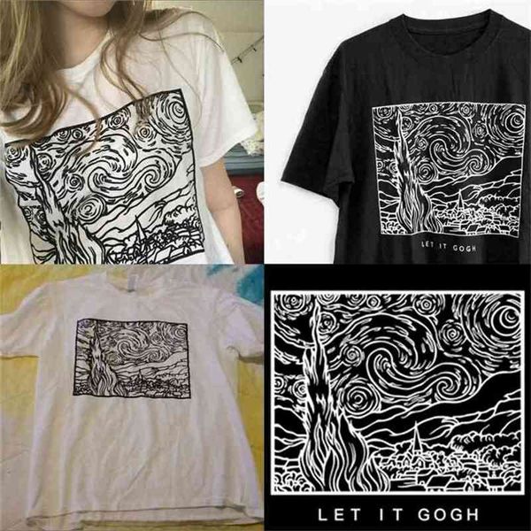 

white black tshirt van gogh starry night outline t-shirt tumblr grunge aesthetic graphic tee art shirt 210512