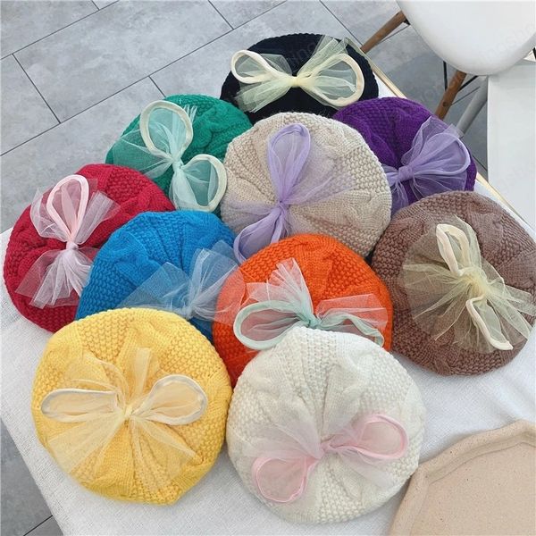 10 colori 1-6Y Fashion Lovely Neonate Berretti Cappelli Semplice Tinta unita Maglia Pizzo Grande Bowknot Cappellini da esterno