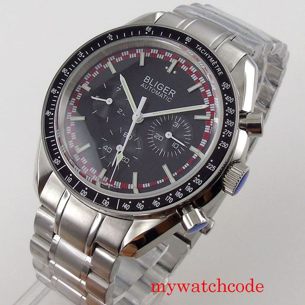 

bliger 40mm mechanical automatic men clock date week display black iron plate mineral glass stainless steel/leather strap, Slivery;brown