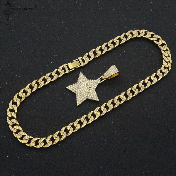 

chains iced out star pendant necklace with 11mm wide cuban bling chain for men rhinestone link, Silver