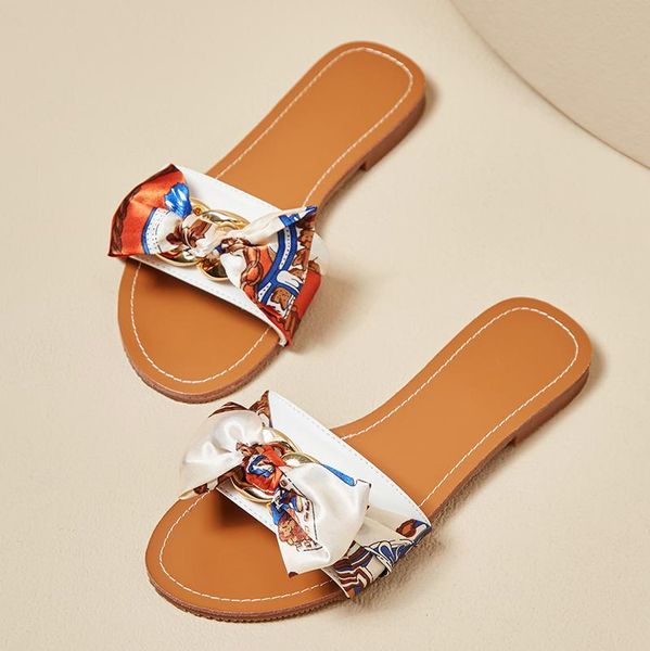 

slippers 2021 women fashion brand design retro silk tie bowknot buckle summer beach slides casual outdoor open toe flip flop, Black