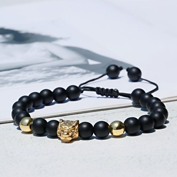 

beaded, strands charm bracelet men stainless steel leopard beads handmade black stone bracelets&bangles pulseira masculina