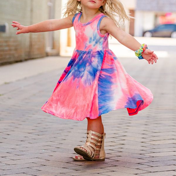 

color printing for kids dress summer princess party tutu dress girls casual loose dress ruched o-neck clothing children vestido, Red;yellow