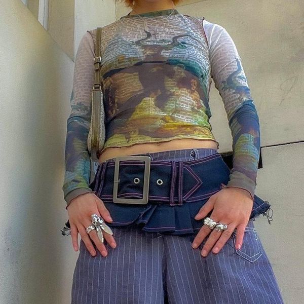 

women's t-shirt crop spaper print long sleeve round neck for party travel, White