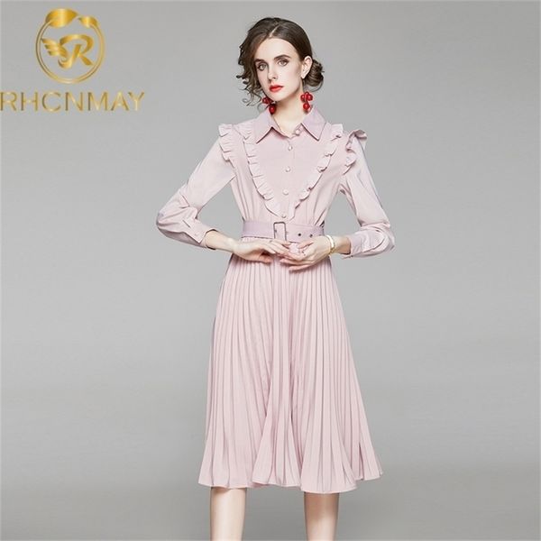 

spring autumn women dress fashion pleated hem pink trimmed with agaric laces send the belt 210520, Black;gray