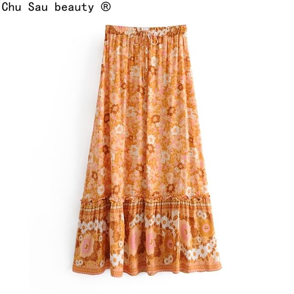 

summer women's boho beach dress floral print elastic waist ruffle skirt long female fashion 210514, Black