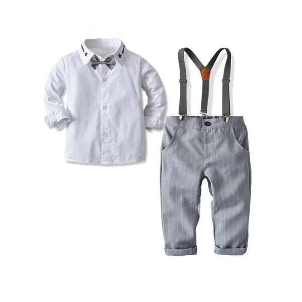 

clothing sets born clothes autumn winter boys long sleeve suspender trousers set sling gentleman party formal dress suit, White