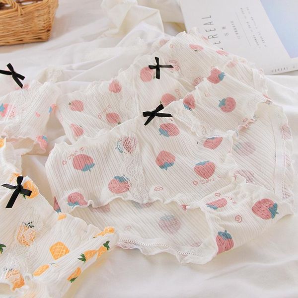 

women's panties [dingdnshow] arrival women cotton lace briefs bow mid rise print fruit intimated girls, Black;pink