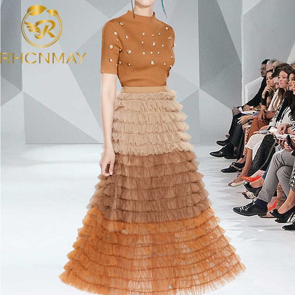 

womens o-neck knitted sweater pullovers + high waist mesh ruffles skirts suits autumn winter two piece set 211119, White
