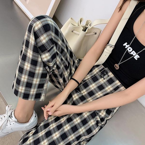 

women's pants & capris 2021 summer high-quality fashion high-waist plaid straight-leg trousers casual loose and thin wide-leg zaraing, Black;white