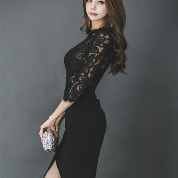 

party dresses autumn and winter korean version of the lace stitching perspective slim bottoming dress wddc, White;black