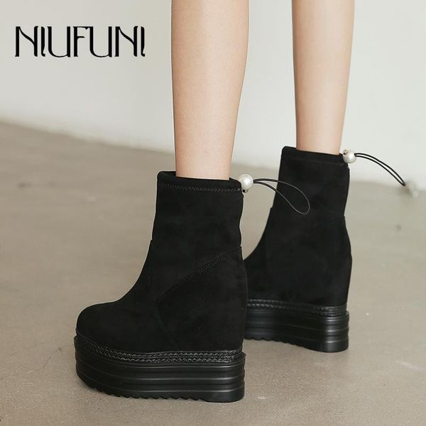 

boots niufuni suede round toe platform ankle fashion pearl zipper high heels wedge warm shoes for women wedding bottes, Black