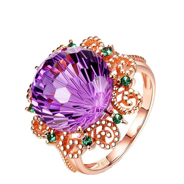 

cluster rings 18k rose gold natural amethyst ring women anillos de fine bizuteria real gemstone jewelry, Golden;silver