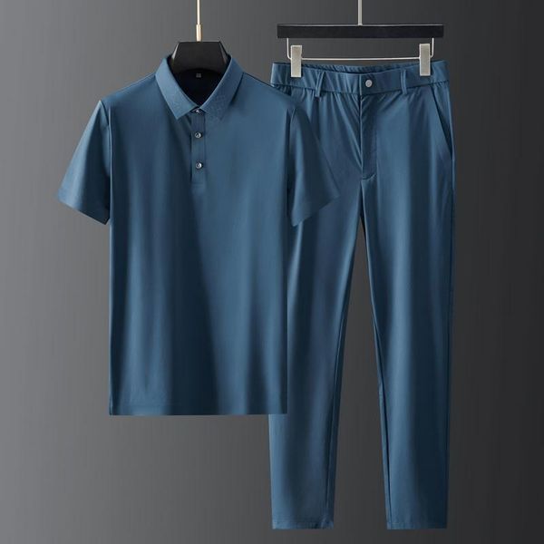 

jogging clothing 2021 summer ventilate mens sets (t-shirt+pants) luxury short sleeve silky sport casual male fashion slim fit man suits, Black;red