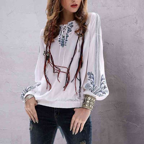 

elegant vintage silm cotton linen blouses for women casual loose soft shirts embroidery bandage design female spring 210525, White