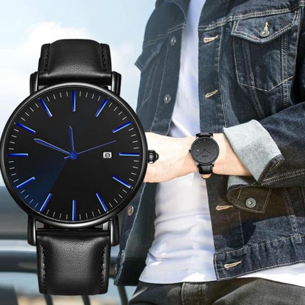 

wristwatches business men wrist watch calendar round dial minimalist faux leather band quartz, Slivery;brown