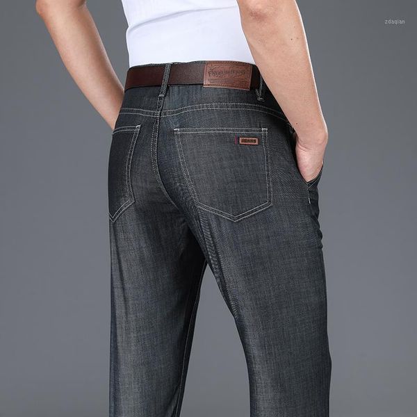 

men's jeans classic style spring and summer thin black straight-leg business fashion tencel fabric denim pants male brand, Blue