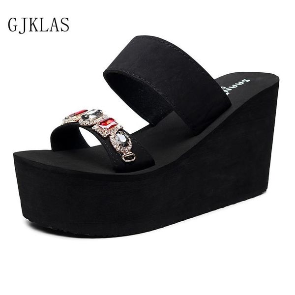 

slippers wedges high heels platform slides shoes women summer crystal beach casual plus size black for sandals