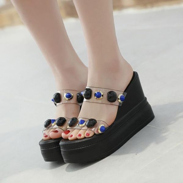 

shoes woman 2021 slippers flat platform on a wedge pantofle heeled mules peep toe luxury slides high designer rubber pu fabr, Black
