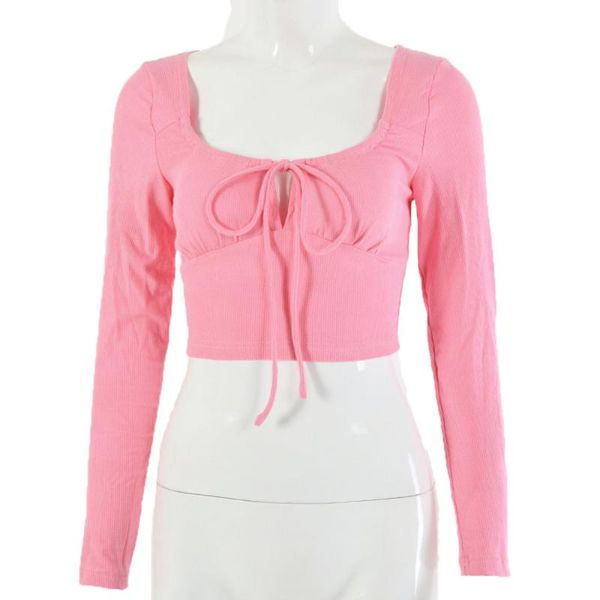 

women's t-shirt pink long sleeve crop streetwear women drawstring pleated shirts square collar elastic tees female 2021, White