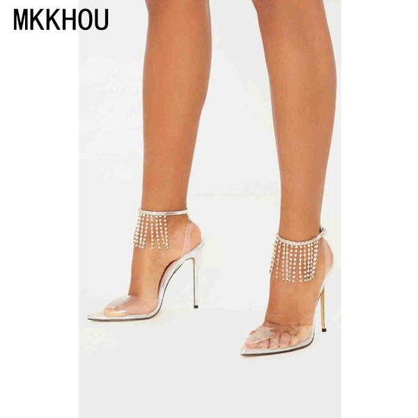 

fashion sandals women summer shoes transparent pointed toe crystal tassel stiletto 12cm high heel open dress, Black