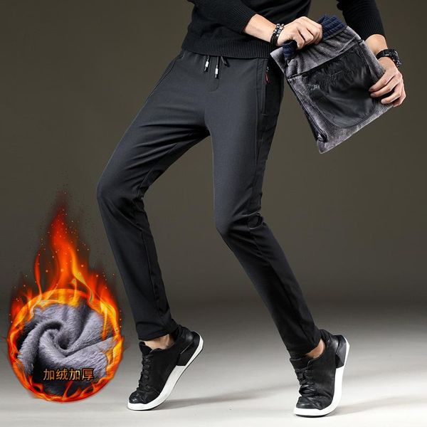 

winter men's business casual pants fashion warm thick fleece office soft gentleman trousers stretch trousers,918a, Black