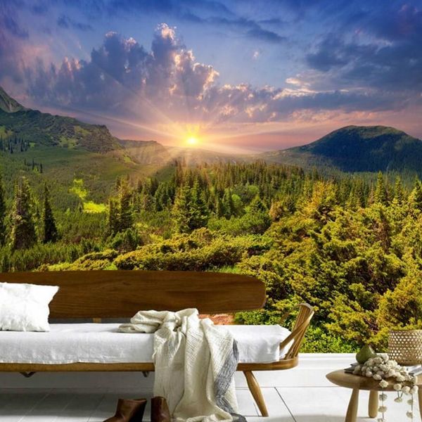 

wallpapers custom 3d mountains sunrises and sunsets forest trees rays of light nature papel de parede,living room tv wall bedroom wallpaper