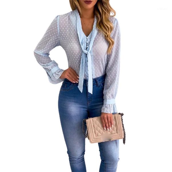 

women's blouses & shirts polka dot womens and v-neck bandage blouse long sleeve summer 2021 clothes pullover office shirt blusas sj248, White