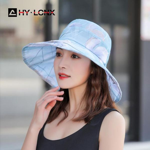 

summer women fashion printing big brim light and breathable bucket hat outdoor leisure beach foldable sun fisherman wide hats, Blue;gray