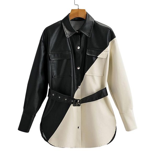 

women's leather & faux ailegogo autumn women lapel moto biker pu jackets splicing black beige single breasted coat with belt