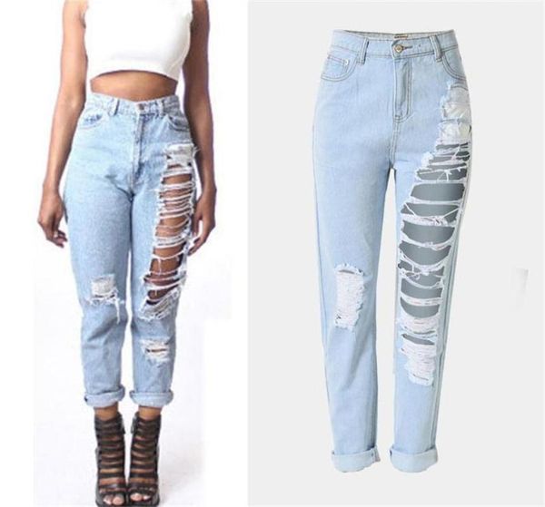 

women's jeans 2021 net red street washing personality retro hole denim loose straight pants nine light blue