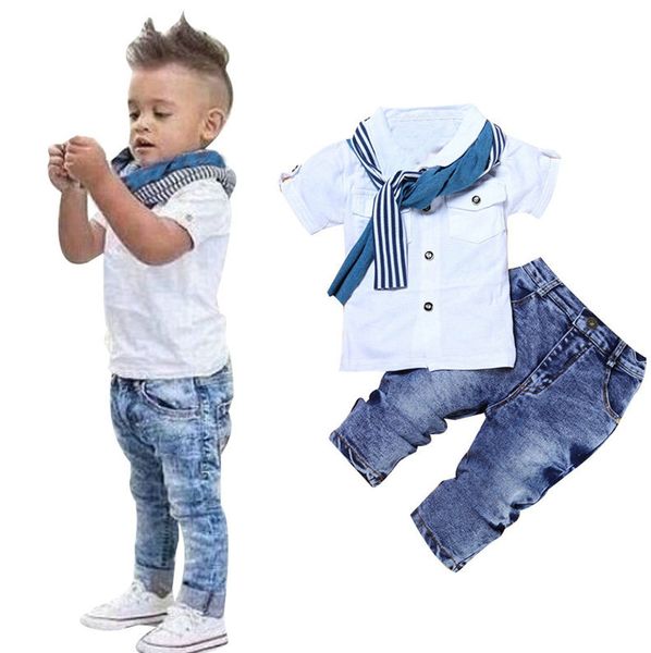 

baby boys sets summer boys sets clothes cotton t shirt+ scarf+jeans 3pcs sports letter printed set children suit, White
