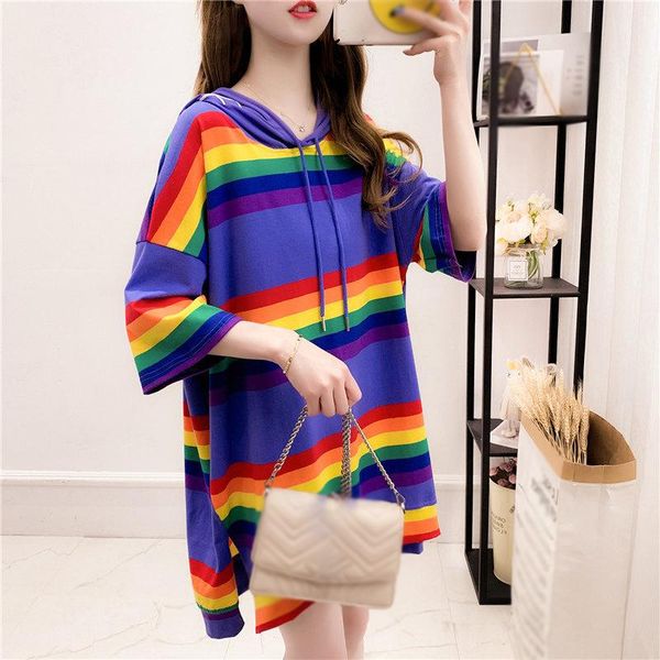 

women's hoodies & sweatshirts women t-shirt long section rainbow contrast color striped short sleeve, Black