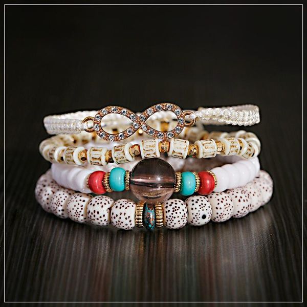 

beaded, strands 4pcs/set fashion boho bracelets & bangles women stone beaded bracelet set with colorful gem long wrap for, Black