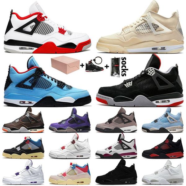 

with box jumpman 4 4s men basketball shoes women sail fire red bred university blue black cat psgs court purple trainers sneakers