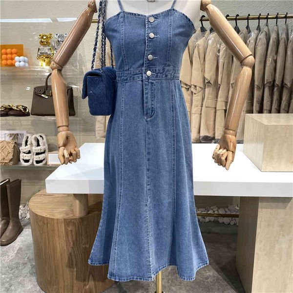 

dresses foreign style age-reducing cowboy suspend retro niche single-style design-breasted waistline fishtail dress, Black;gray