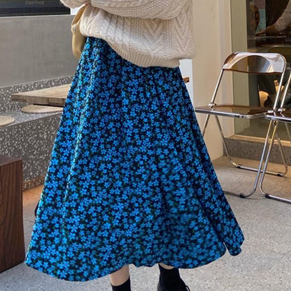 

skirts hzirip korean daisy floral 2021 all-match loose thin mid-length women fashion gentle high waist summer a-line, Black
