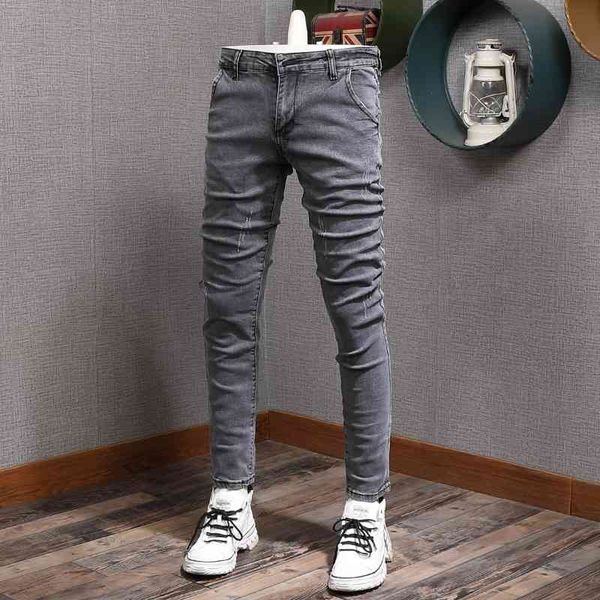 

men's jeans korean style fashion retro gray elastic cotton slim fit casual ripped vintage designer denim pencil pants 0j0r, Blue