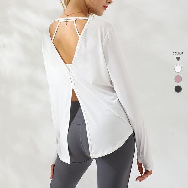 

yoga outfit sports letter for gym women long sleeve open back fitness shirts loose bandage exercise running t shirt