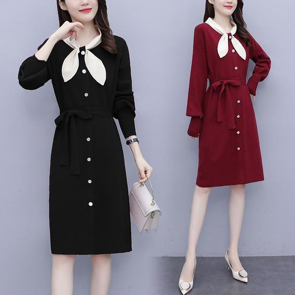 

casual dresses autumn winter knit long sleeve women o-neck slim bodycon robe sweater office lady midi dress, Black;gray