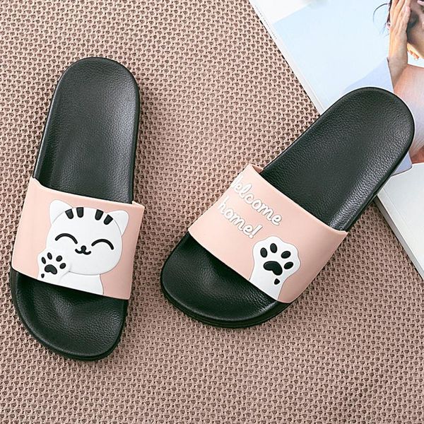 

slippers 2021 cartoon cat summer women home slide outdoor sandals beach flip flops men couple non-slip indoor bathroom shoes, Black