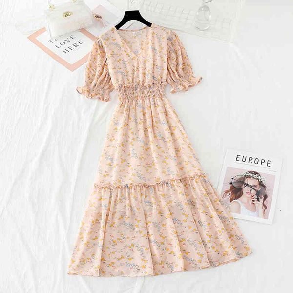 

dresses vintage ruffles floral print chiffon women summer short sleeve midi long beach holiday elastic waist vestido, Black;gray