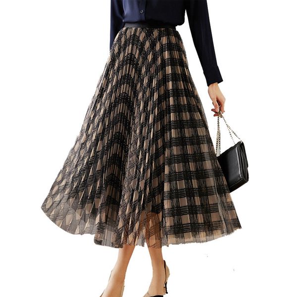 

skirts autumn a-line plaid printed maxi long pleated tulle skirts, Black
