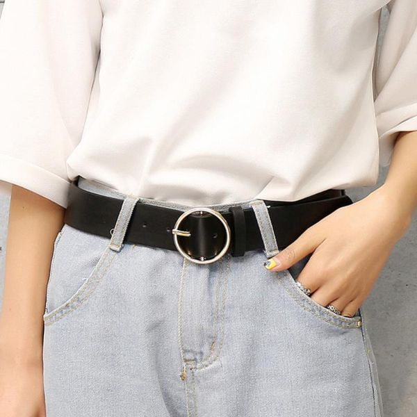 

belts women fashion casual wild classic round buckle ladies wide belt leather for jeans skirt 8 colors dropshiping, Black;brown