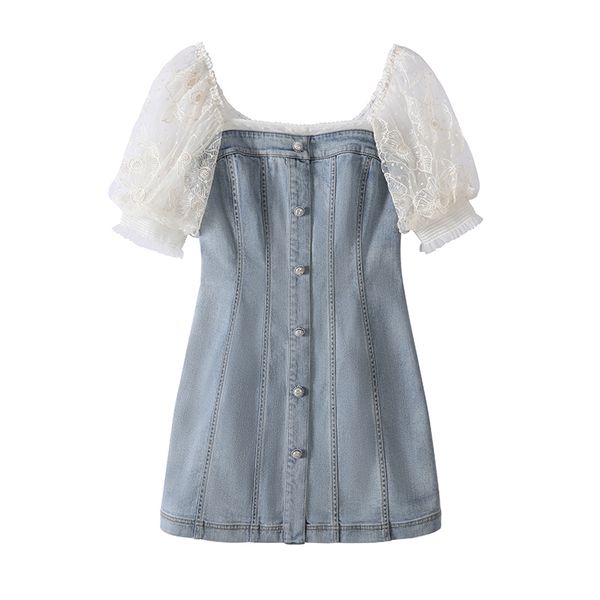

women slash neck short sleeve puff a line mini dress summer beach female denim blue mesh patchwork button d1938 210514, Black;gray