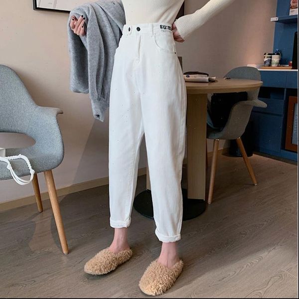 

womens jeans high waist wome casual white denim pants fashion korean style streetwear ankle length harem woman p381, Blue