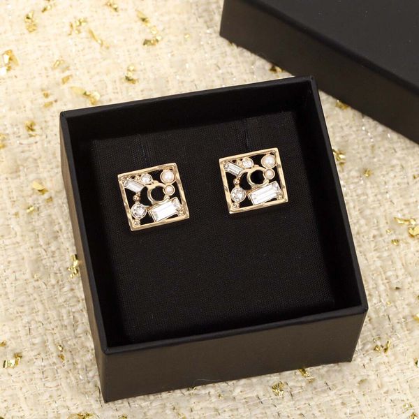 

2022 charm square shape stud earring with diamond and crystal for women wedding jewelry gift have box stamp ps7160, Golden
